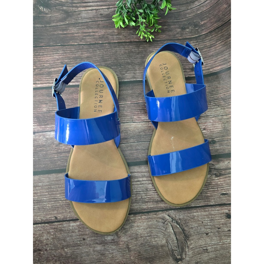 Journee Collection Blue Flat Buckle Strap Sandals Size 9